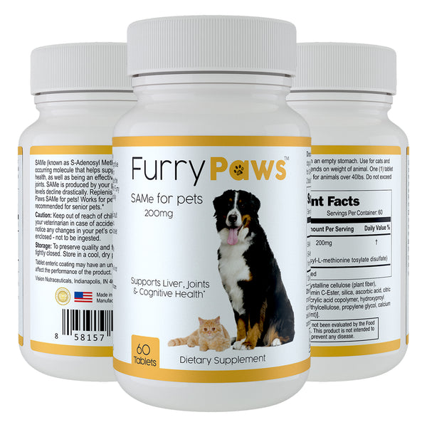 Furry Paws SAM-e (SAdenosyl Methionine) Supplement for Dogs & Cats 200mg Support Liver, Joint and Cognitive Health for Dog & Cat - Made in USA - 60 Tablets